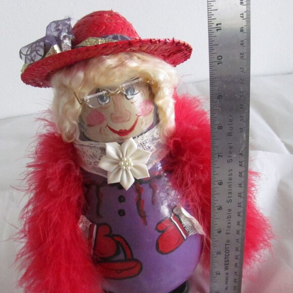 Handcrafted Red Hat Society Lady with Feather Boa Decorative Doll Gourd Figure - Picture 10 of 11